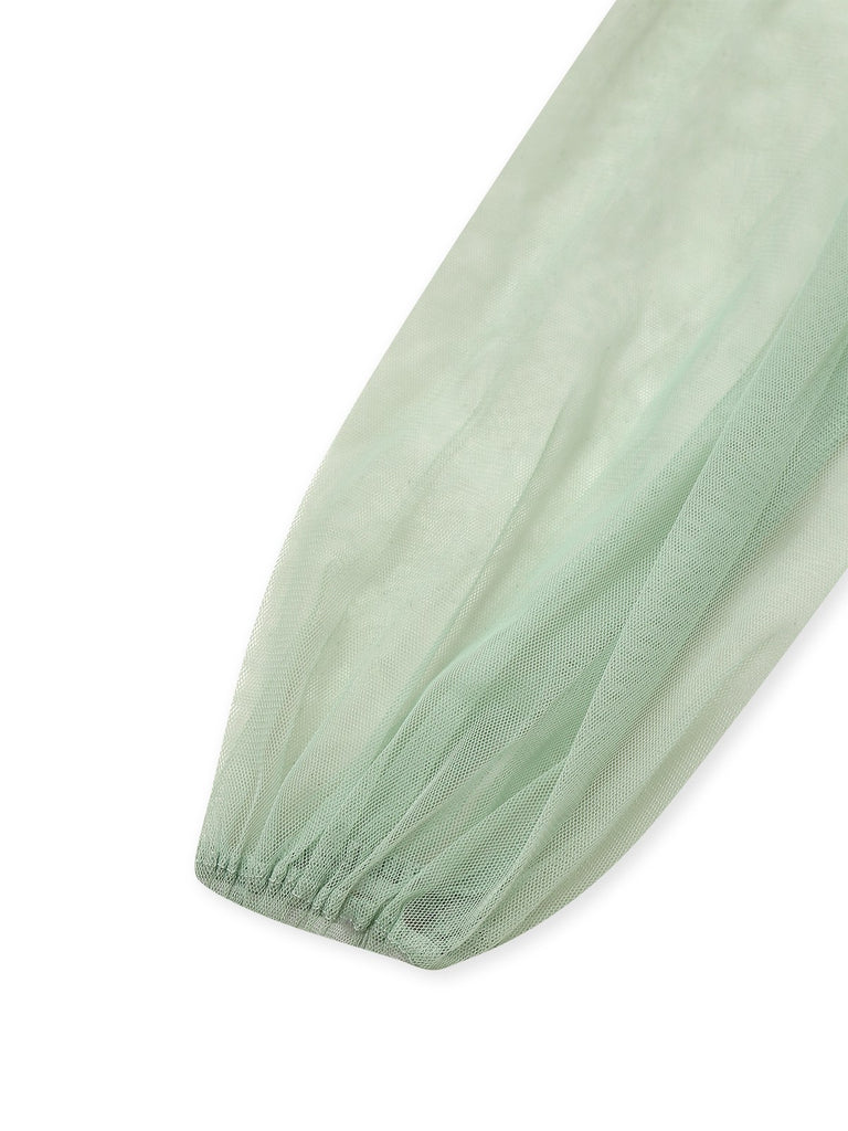 Green 1930s Solid Mesh Ruffled Illusion Sleeves Dress