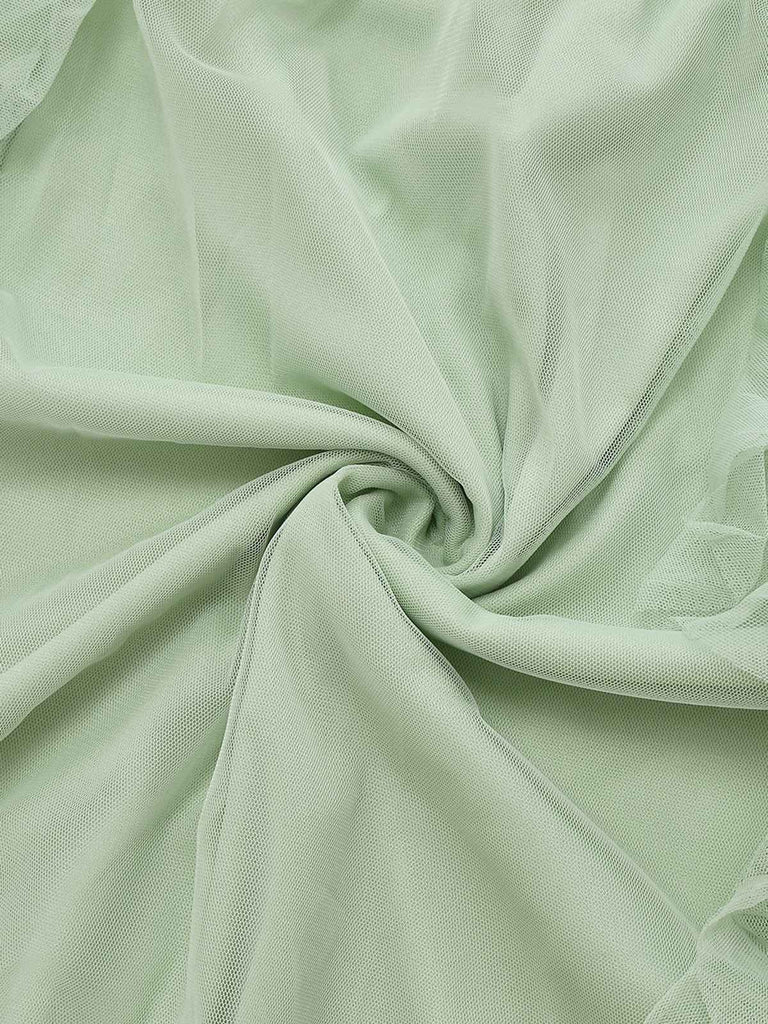 Green 1930s Solid Mesh Ruffled Illusion Sleeves Dress