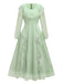 Green 1930s Solid Mesh Ruffled Illusion Sleeves Dress