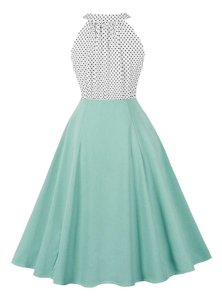 1950s Polka Dot Patchwork Halter Round-Neck Dress