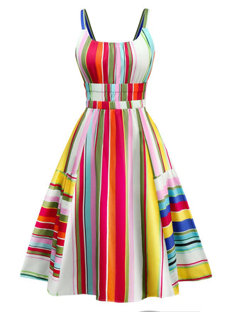 Multicolor 1950s Tie Back Barcode Stripe Dress