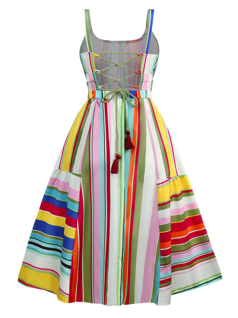 Multicolor 1950s Tie Back Barcode Stripe Dress