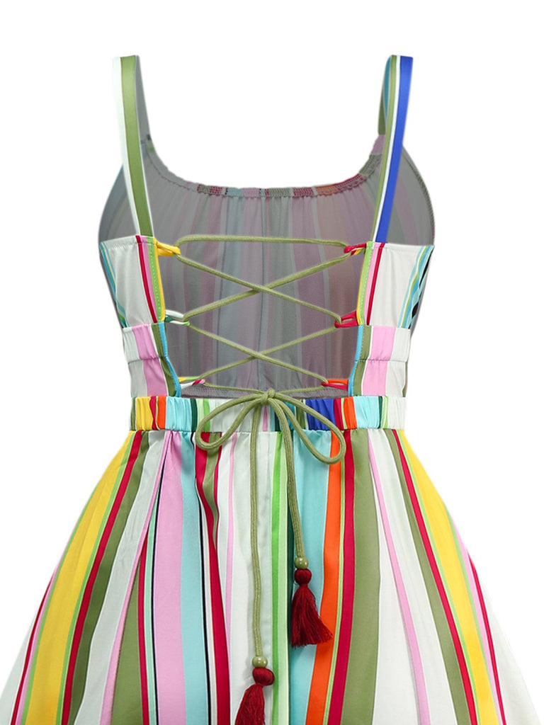 Multicolor 1950s Tie Back Barcode Stripe Dress