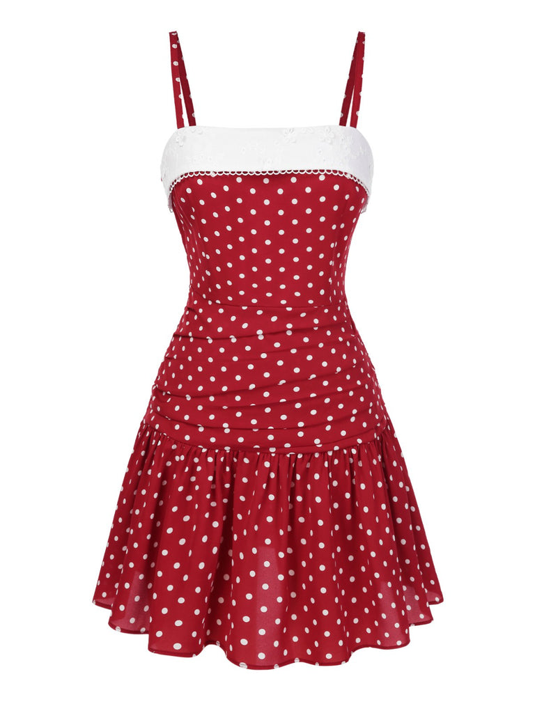 Red 1960s Lace Patchwork Polka Dots Pleated Dress