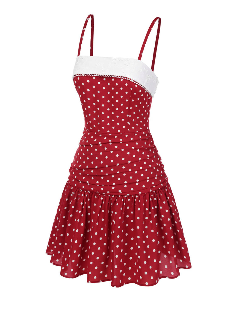 Red 1960s Lace Patchwork Polka Dots Pleated Dress