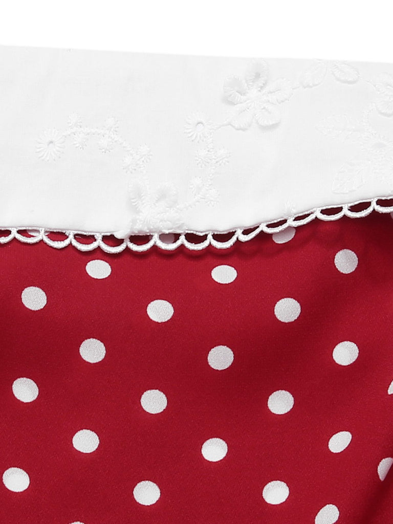 Red 1960s Lace Patchwork Polka Dots Pleated Dress
