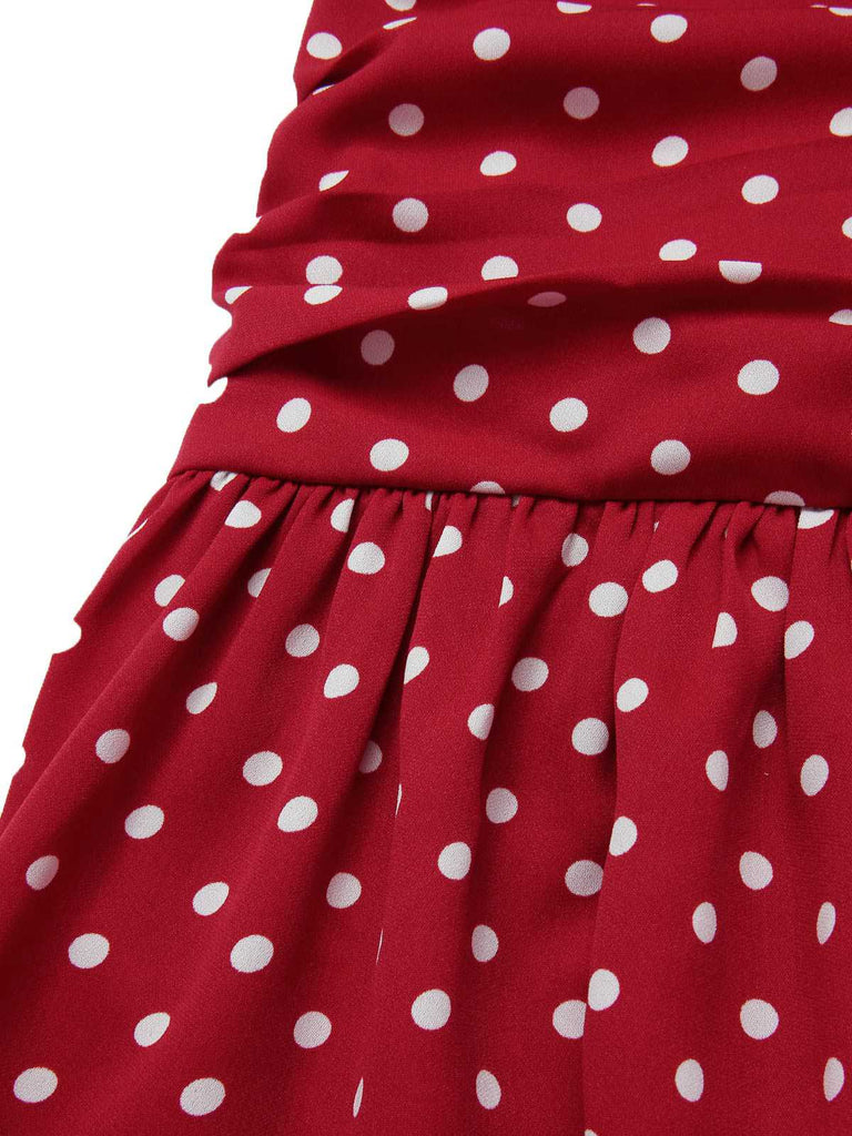 Red 1960s Lace Patchwork Polka Dots Pleated Dress