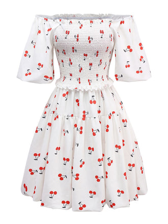 White 1950s Cherry Puff Sleeve Smocked Dress