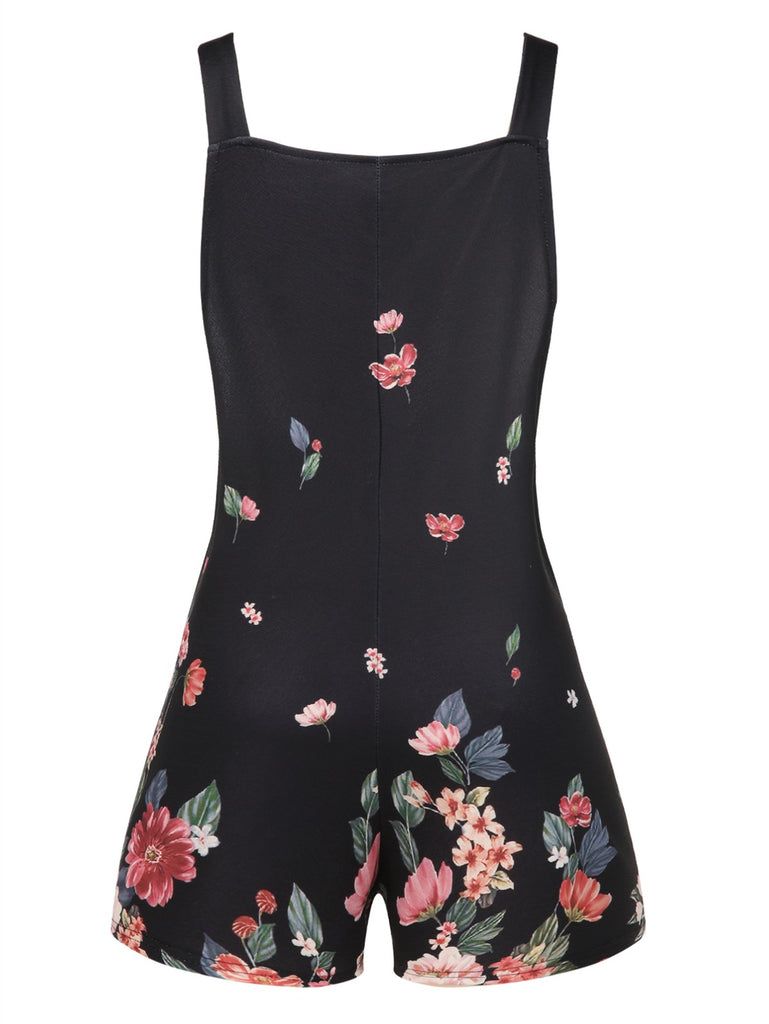 Black 1950s Adjustable Straps Floral Romper