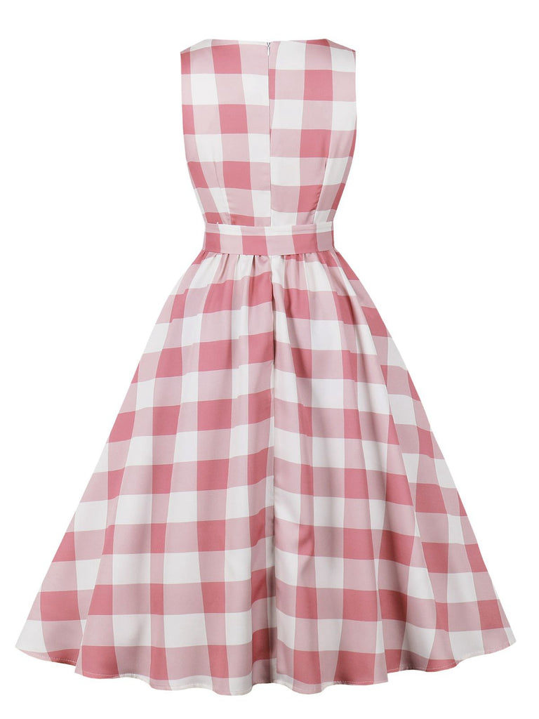 Pink 1950s Button Bow Gingham Plaid Dress