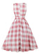 Pink 1950s Button Bow Gingham Plaid Dress