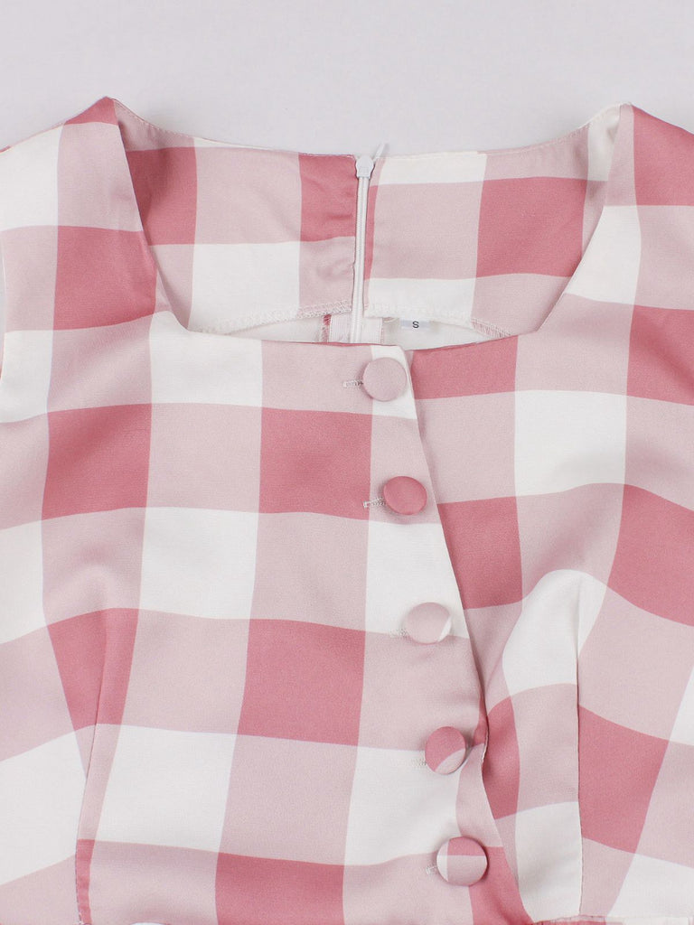 Pink 1950s Button Bow Gingham Plaid Dress