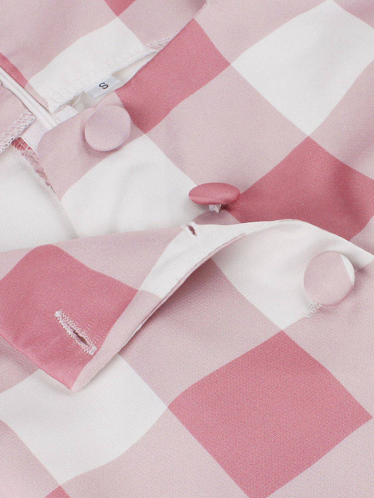 Pink 1950s Button Bow Gingham Plaid Dress