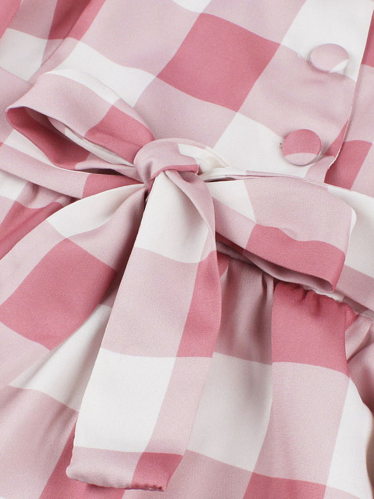 Pink 1950s Button Bow Gingham Plaid Dress