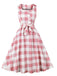 Pink 1950s Button Bow Gingham Plaid Dress