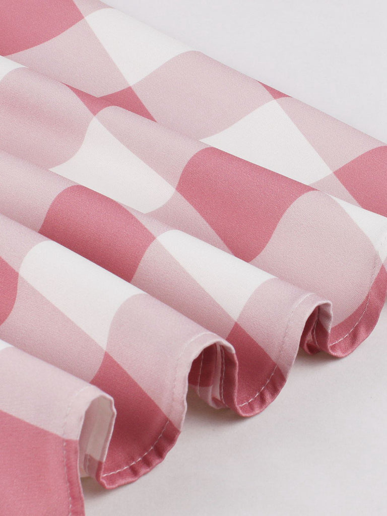 Pink 1950s Button Bow Gingham Plaid Dress