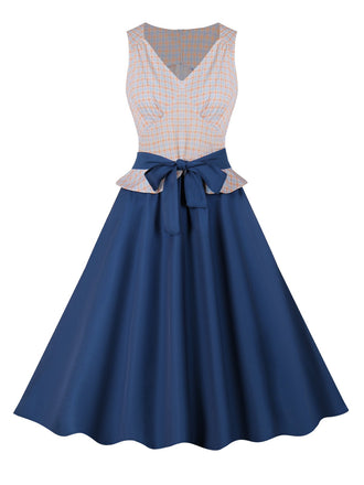 Dark Blue 1950s V-Neck Plaid Patchwork Dress