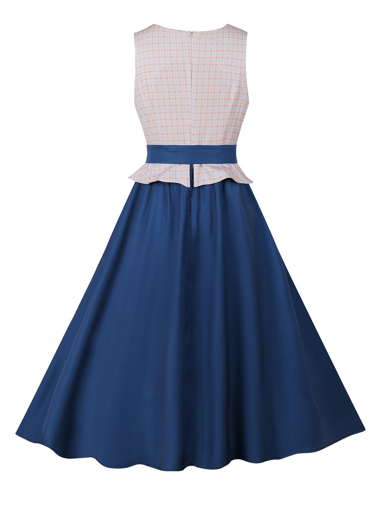 Dark Blue 1950s V-Neck Plaid Patchwork Dress