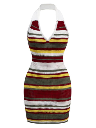 Green 1960s V-Neck Lapel Stripe Knit Dress