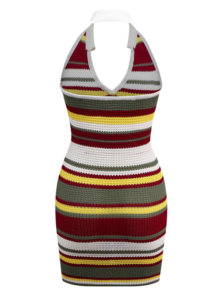 Green 1960s V-Neck Lapel Stripe Knit Dress