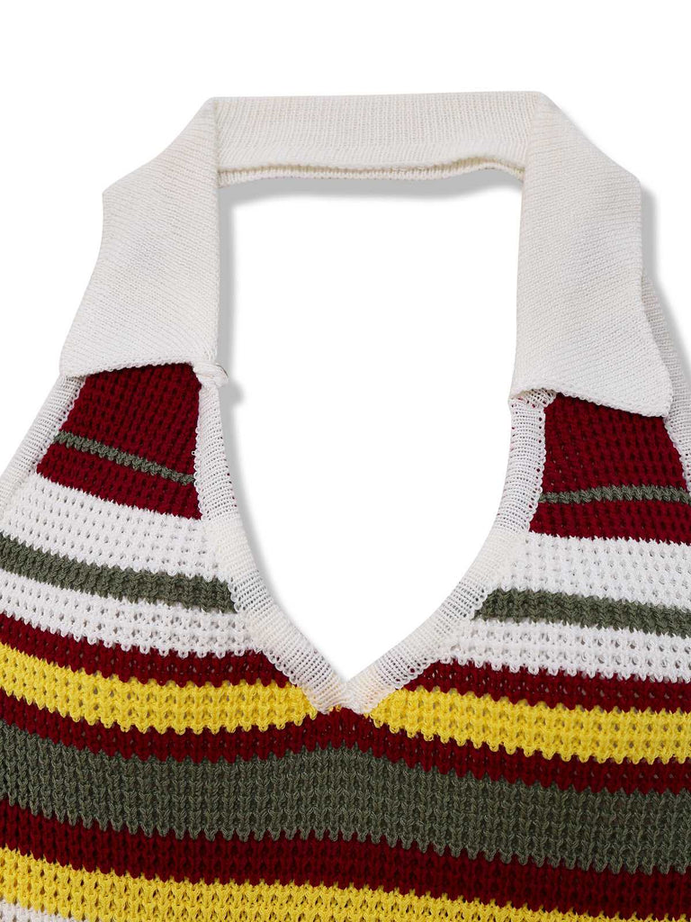 Green 1960s V-Neck Lapel Stripe Knit Dress