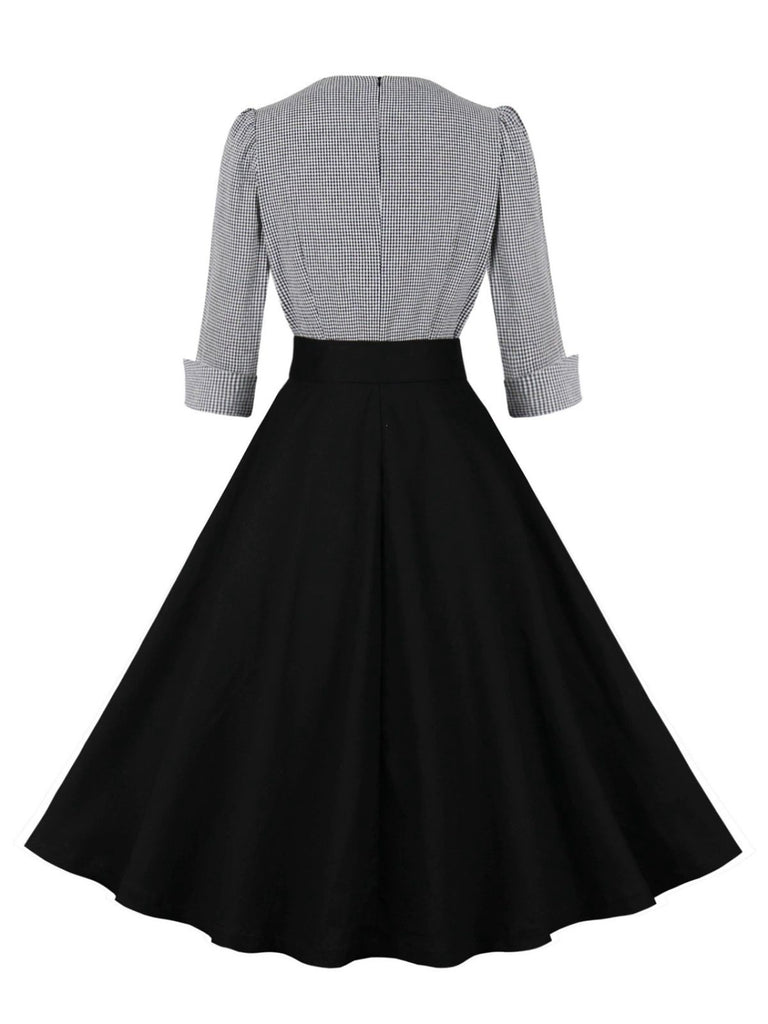 1950s Notched Collar Colorblock Gingham Plaid Dress