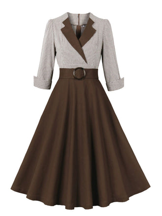 1950s Notched Collar Colorblock Gingham Plaid Dress