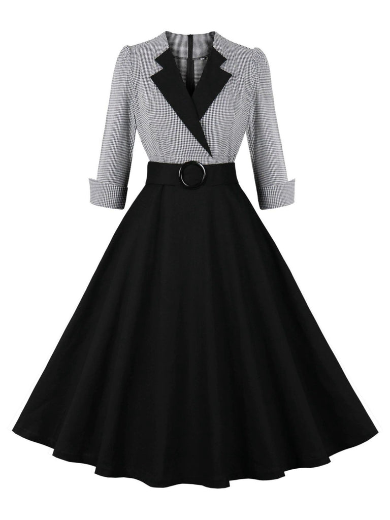 1950s Notched Collar Colorblock Gingham Plaid Dress