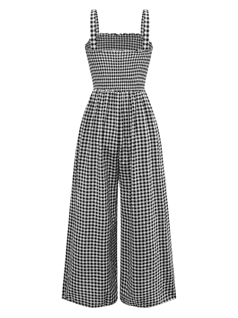 1950s Gingham Plaid Smocked Strap Jumpsuit