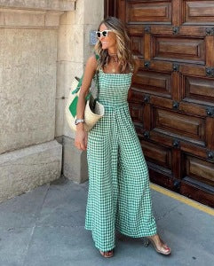 1950s Gingham Plaid Smocked Strap Jumpsuit