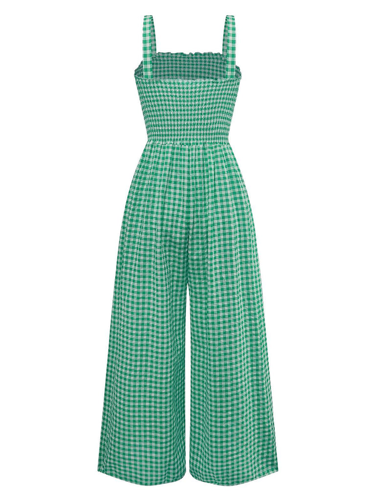 1950s Gingham Plaid Smocked Strap Jumpsuit