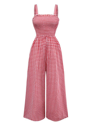 1950s Gingham Plaid Smocked Strap Jumpsuit