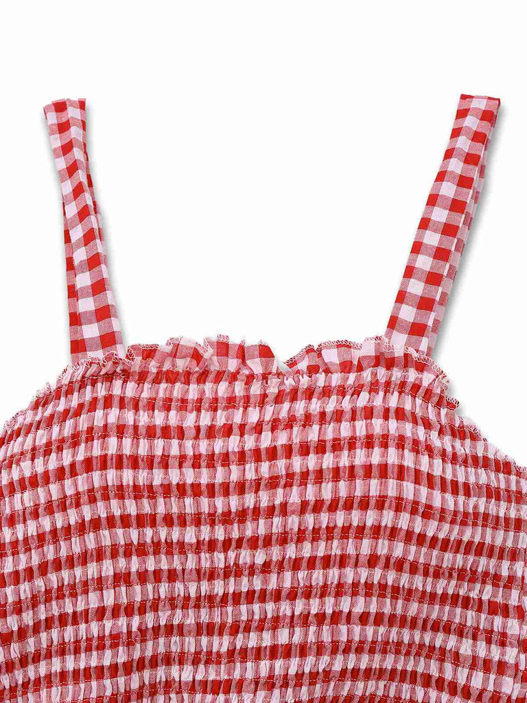 1950s Gingham Plaid Smocked Strap Jumpsuit