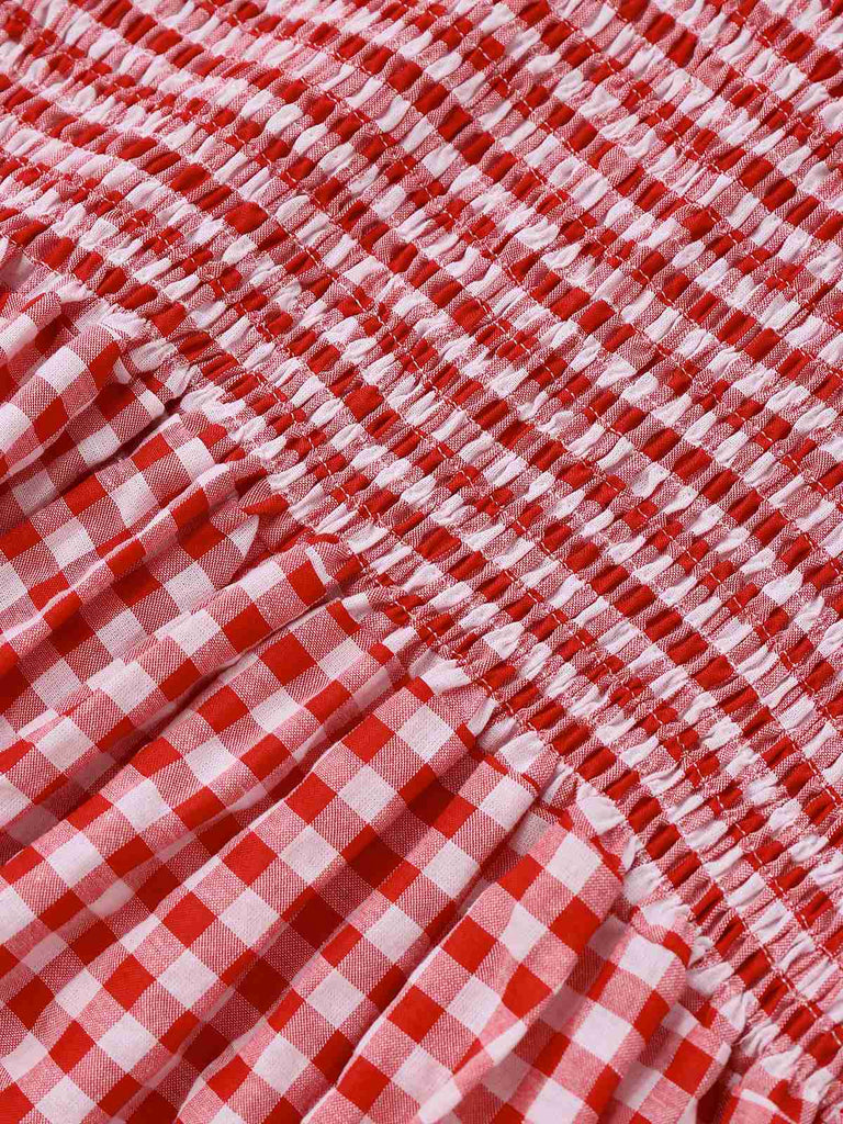 1950s Gingham Plaid Smocked Strap Jumpsuit