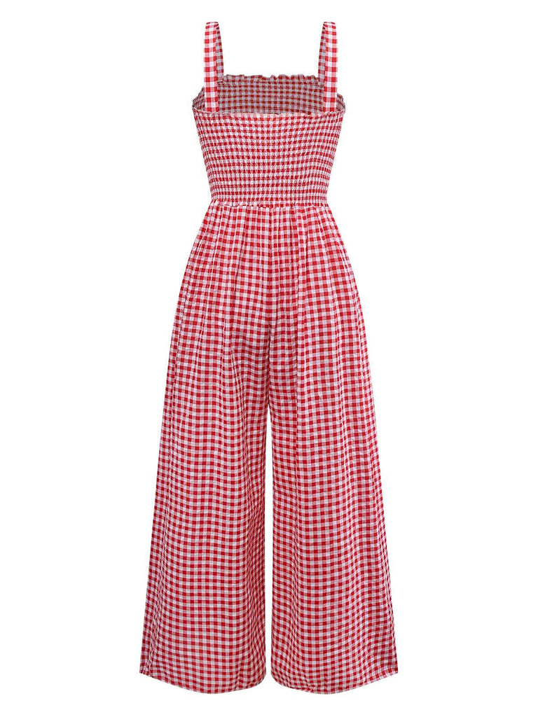 1950s Gingham Plaid Smocked Strap Jumpsuit