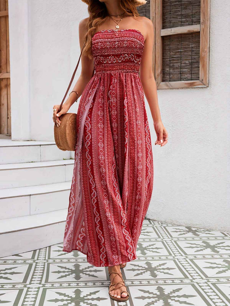 1970s Bohemian Strapless Slit Smocked Jumpsuit