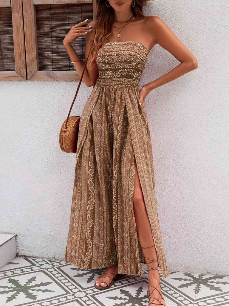 1970s Bohemian Strapless Slit Smocked Jumpsuit