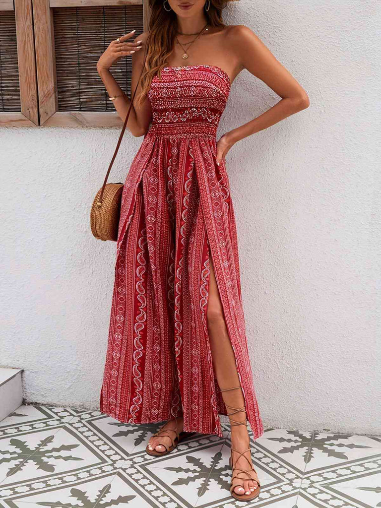1970s Bohemian Strapless Slit Smocked Jumpsuit