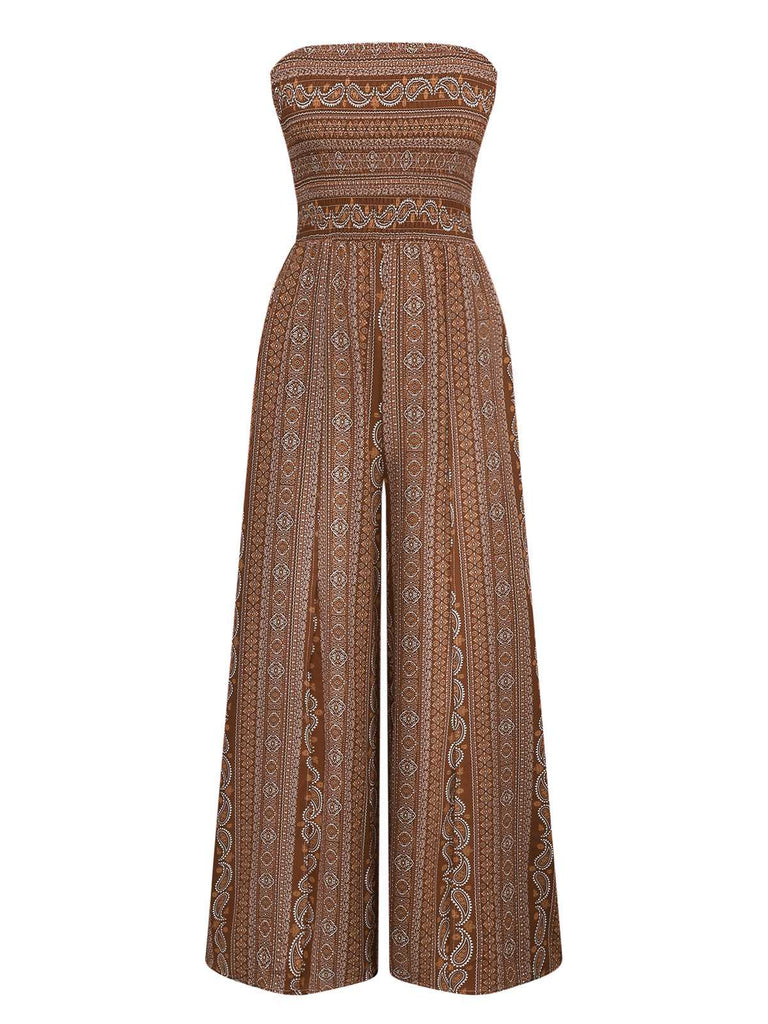 1970s Bohemian Strapless Slit Smocked Jumpsuit