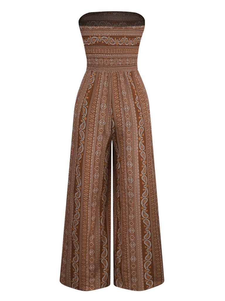 1970s Bohemian Strapless Slit Smocked Jumpsuit