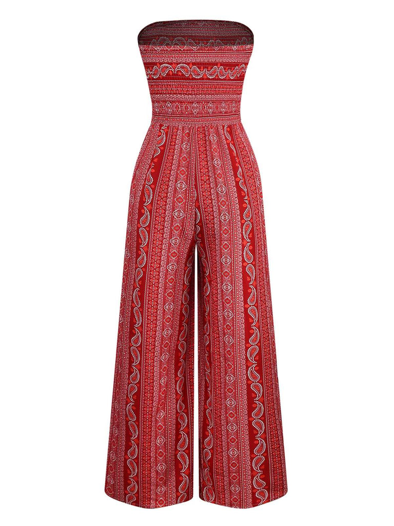 1970s Bohemian Strapless Slit Smocked Jumpsuit