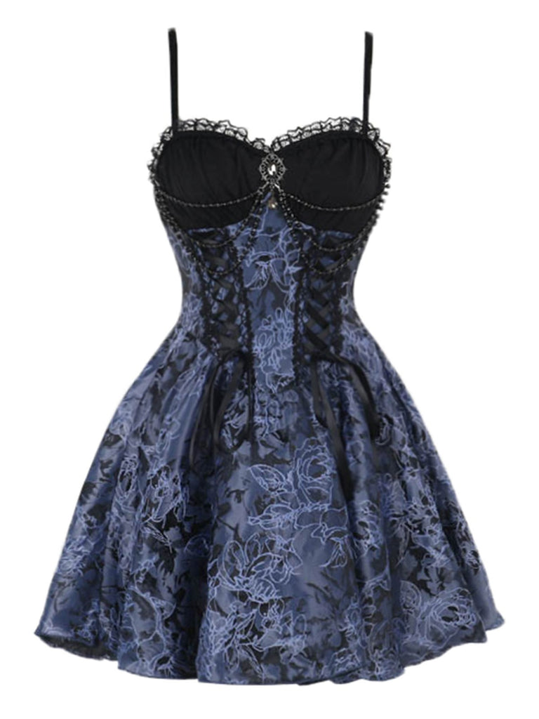 2PCS Black & Blue 1980s Gothic Cape Cardigan & Floral Embroidered Dress