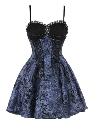 Blue 1980s Gothic Steampunk Floral Print Lace Patchwork Bubble Dress