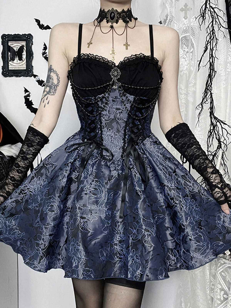 2PCS Black & Blue 1980s Gothic Cape Cardigan & Floral Embroidered Dress