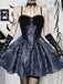 2PCS Black & Blue 1980s Gothic Cape Cardigan & Floral Embroidered Dress