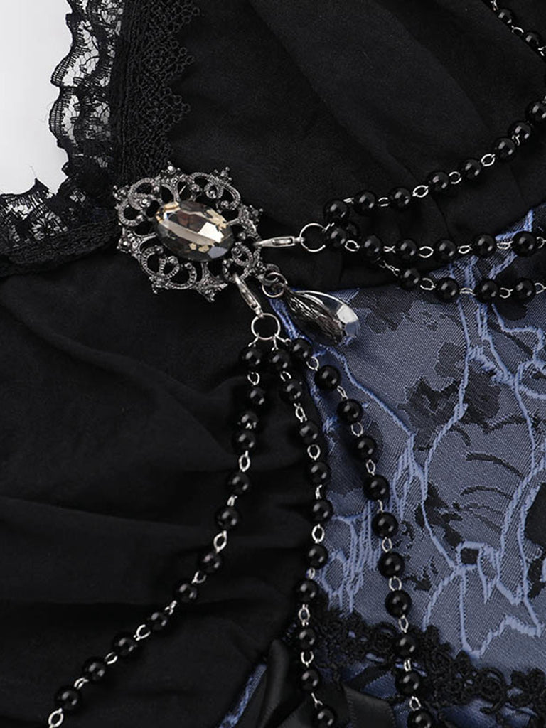 2PCS Black & Blue 1980s Gothic Cape Cardigan & Floral Embroidered Dress
