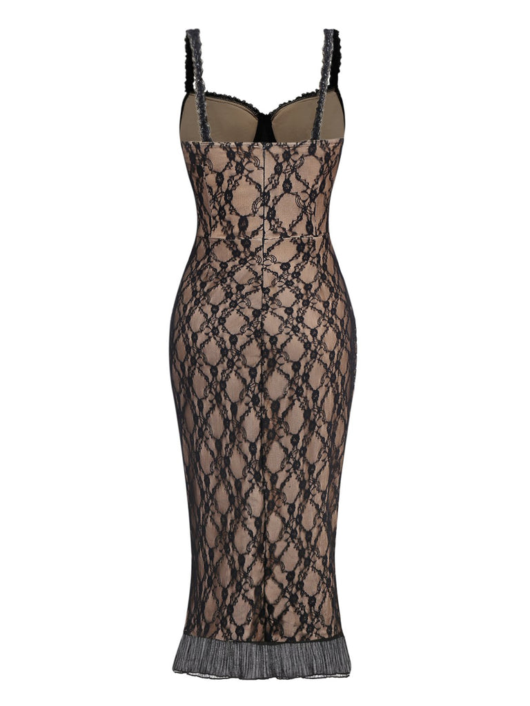 Khaki 1960s Lace Patchwork Spaghetti Strap Bodycon Dress