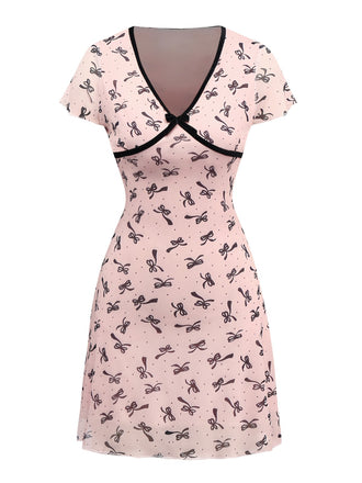 Pink 1960s Bow Print V-Neck Mesh Dress