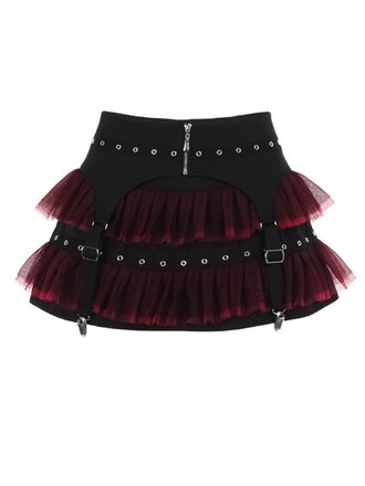 Black 1980s Gothic Steampunk Mesh Ruffles Mini Skirt