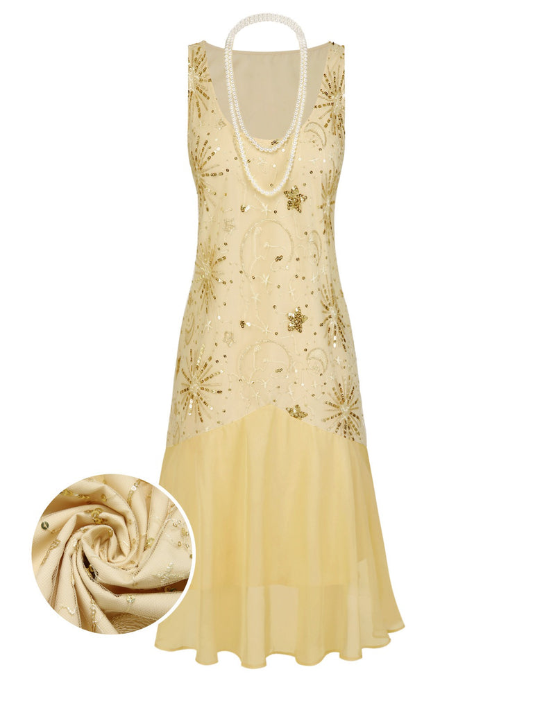 [Pre-Sale] Champagne 1920s Firework Star Sequins Mesh Pearl Dress